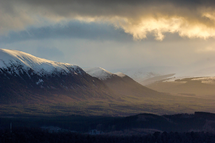 Golden light across Glenfeshie after a snowstorm